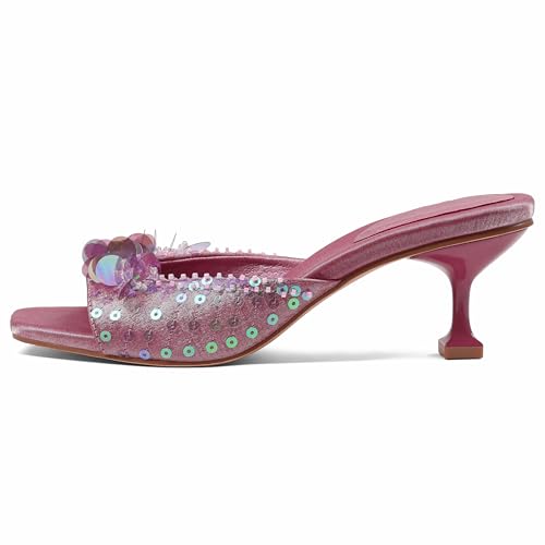 Mattiventon Kitten Heels for Women Comfortable Stiletto Heeled Mule Purple Sequin Open Square Toe Slip On Trendy Sandals Prom Party Wedding and Vacation