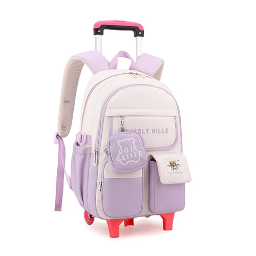 ZHANAO Color-blocking Rolling Backpack for Girls,Kawaii School Bag with Wheels,Trolley Bookbags for Primary Students