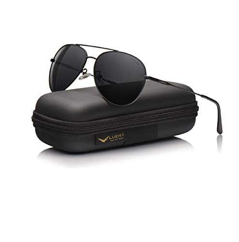 LUENX Men Women Aviator Sunglasses Polarized Non-Mirrored All Black Lens Metal Frame UV