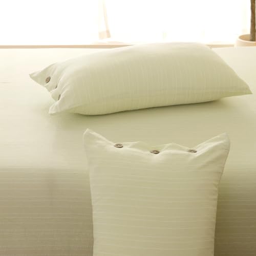 Image of Story@Home Linen King Size Bedsheet Cotton Textured Flat Sheet with 2 Pillow Covers Super Soft Bed Sheet for King Size Bed | 300 TC Striped Pattern | 250 x 270 cm | Sage Green