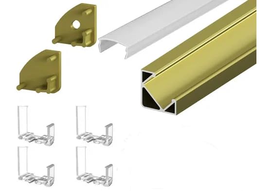 2 Metre Corner Mounted Gold/Brass LED Profile P3-1 C/W Clips, End Caps & Opal Cover | Perfect for Bedroom, Stairs, Hallway, Kitchen, Cabinet (17mmx17mm)