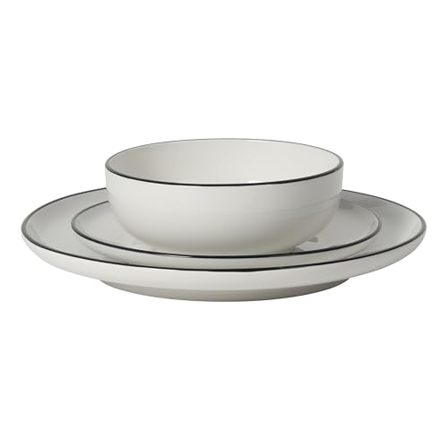 Image of Gibson Home Havenstone 12-Piece Porcelain Dinnerware Set - Dinner Plates, Salad Plates & Bowls, Classic White With Black Rim Everyday Dish Set for Home, Kitchen, Microwave & Dishwasher Safe
