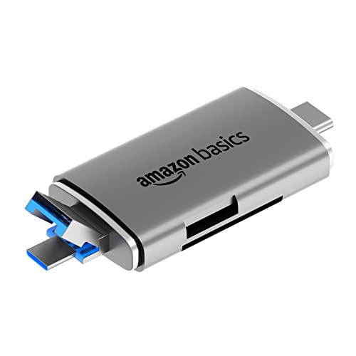 Image of Amazon Basics OTG Card Reader and Hub with Type-C, USB & Micro USB Ports | Portable Memory Card Reader Supports USB Drives, TF, SD, Micro SD, SDHC, SDXC, MMC (Grey)