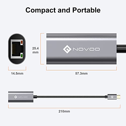 Image of NOVOO Metal Body,Nylon Braided Cable USB Type C to RJ45 Ethernet Adapter 10 /100 /1000 Mbps Compatible with iPad Pro Google Book, Surface Book, Other Type-C Devices & Smartphones (NVHUBCLAN1KXLV)