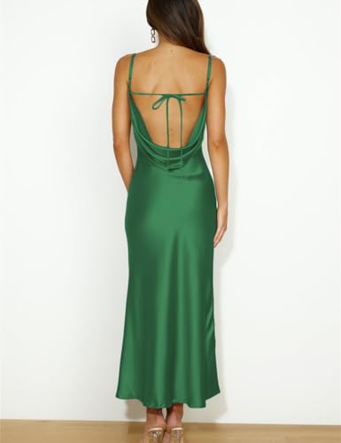 Image of Summer Satin Spaghetti Strap Cowl Neck Backless Midi Dresses for Women Elegant Tie Low Back Ruched Cocktail Dress