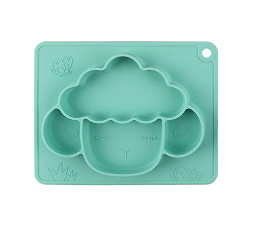 Tonwhar Silicone Divided Toddler Plates - Fun Lamb Shape Plate with Built-in Placemat for Toddlers - Baby Boys Girls Feeding Mat (Green)