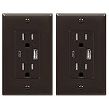 TOPGREENER 3.6A 2-Port USB Type-C/A Wall Outlet, 15A TR Receptacle, Compatible with iPhone 12/11/SE/XS/XR/X, Samsung Galaxy S20/S10/S9/S8/Note, LG, HTC & More, TU21536AC-BR-2PCS, Brown, 2 Pack
