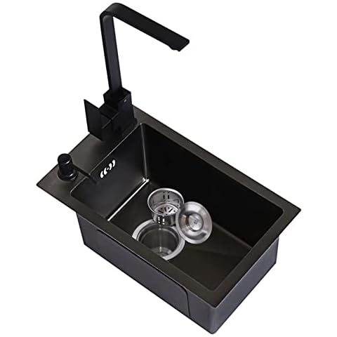 NOYHHAV Black Sink SUS304 Stainless Steel Kitchen Renovation Pool Single Sink Small Sink Bathroom washbasin Washing Vegetables and dishwashing Pool Household Sink (38*30*22 cm, Black) Cover