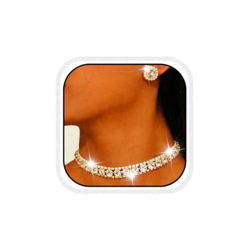 CLOACE Rhinestone Bridal Wedding Jewelry Set Sparkly Chocker Necklaces Earrings Prom Jewelry Accessories for Women (Gold)