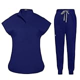 niaahinn Scrubs Set for Women Nurse Uniform Jogger Suit Stretch Top & Pants with Multi Pocket for Nurse Doctor Esthetician Workwear (dark-blue, Small)