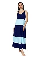 PATRORNA Womens Cotton Blend Color Block Maxi Nightdress (PT1A033_Royal Blue:Light Blue_M)