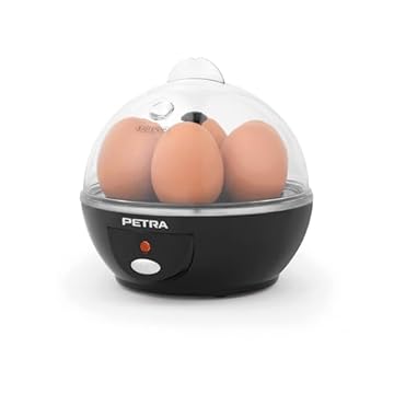 Petra PT2783VDEEU7 Cuociuova elettrico - Prepara fino a 6 uova, senza BPA, compatto, tre livelli di ebollizione (morbido/medio/duro), gusci d'uovo in camicia rimovibili, 430 W, include misurino, Nero