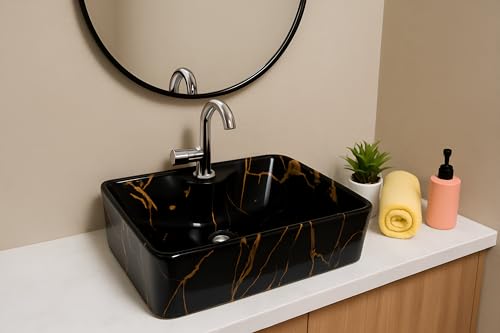 Image of Modern White Ceramic Countertop Wash Basin, Designer Table Top Vanity Sink for Bathroom, Hotel & Residential Use, 19 x 14 x 5 Inch