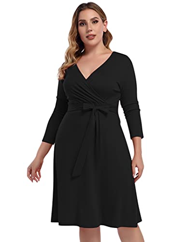 AMZ PLUS Womens V-Neck 3/4 Sleeve A Line Midi Faux Wrap Plus Size Cocktail Party Swing Dress Black L - Image 3