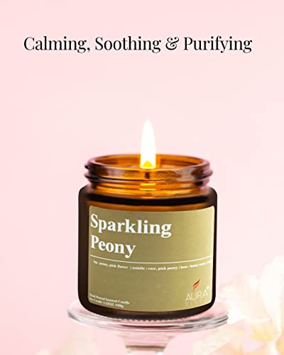 Image of AuraDecor Sparkling Peony Scented Jar Candle | 100gm Handpoured Soy Wax Candle with 30 hr Burn Time | Premium Amber Jar Aromatherapy Candle | Ideal Gift for Home & Decor