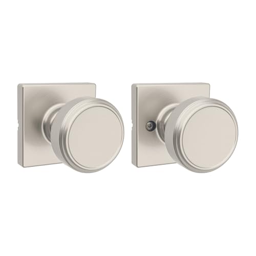 Image of Kwikset Maven Interior Passage Door Knob, Handle for Closet and Hallway Doors, Square Non-Locking Doorknob in Satin Nickel, with Microban Protection