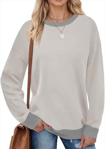 Fisoew Damen Sweatshirts Farbblock Rundhals Langarmshirt Casual Langarm Oberteil mit Gerippt Saum Grau XXL