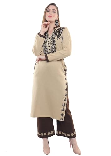 Image of Rosary Women's Woolen Winter Embroidered Kurta with Palazzo | Warm Ethnic Suit Set - 2 Piece Outfit