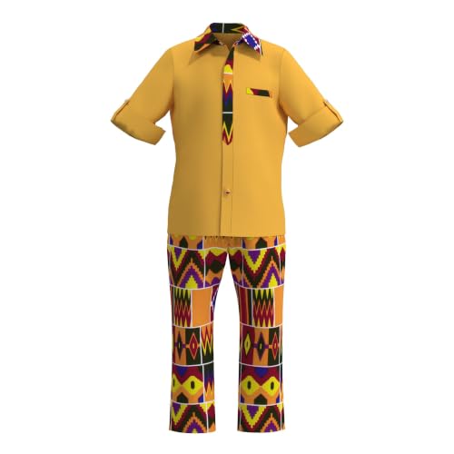 Image of XIAOHUAGUA African Clothes for Boy Kids African Outfit 2 Pcs Set Kente Print Shirt and Long Pants