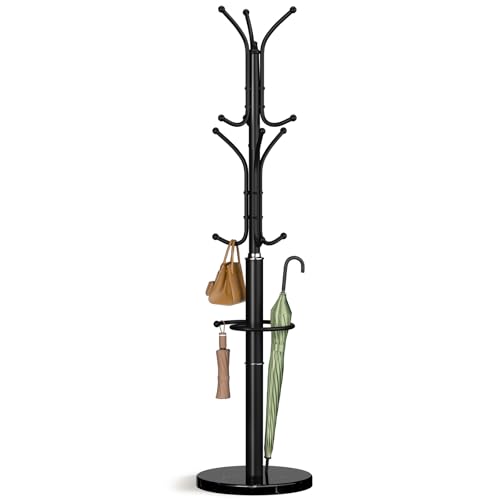 Yoobure Metal Coat Rack Freestanding with Marble Base, Coat Tree with 12 Hooks & Umbrella Holder, Coat Hanger Stand for Corner Entryway Bedroom Office, Heavy Duty Coat Rack Stand for Clothes Hats Bags