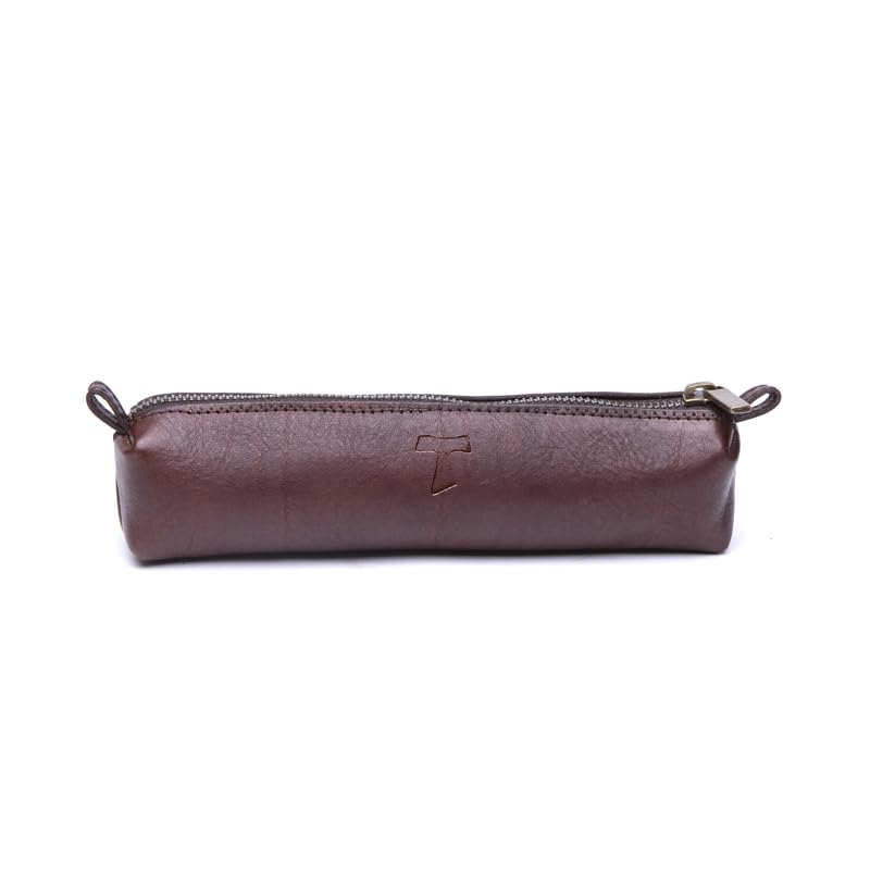 OVUNQUE PROTEGGIMI Astuccio in vera Pelle Porta Penne Matite con zip - 22 cm - Con Croce Tau incisa - Simbolo di San Francesco d' Assisi - cerniera, portapenne, borsa per cartoleria