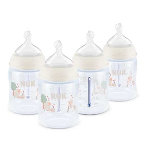 Image of NUK First Choice Smooth Flow Anti-Colic Bottle, Peach, 10 oz. Baby Bottle with SafeTemp Temperature Indicator, Newborn Essentials, 4-Pack