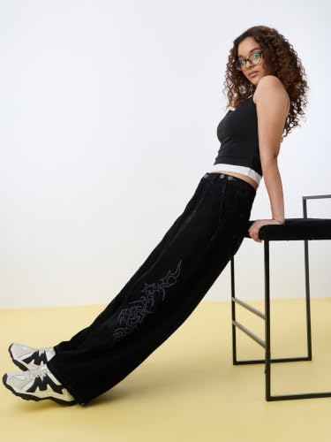 Image of The Souled Store: Barrel-Fit Denim: Women and Girls Washed Cotton Twill Barrel Fit Lightweight Adjustable Rise Everyday Casual Denim Jeans