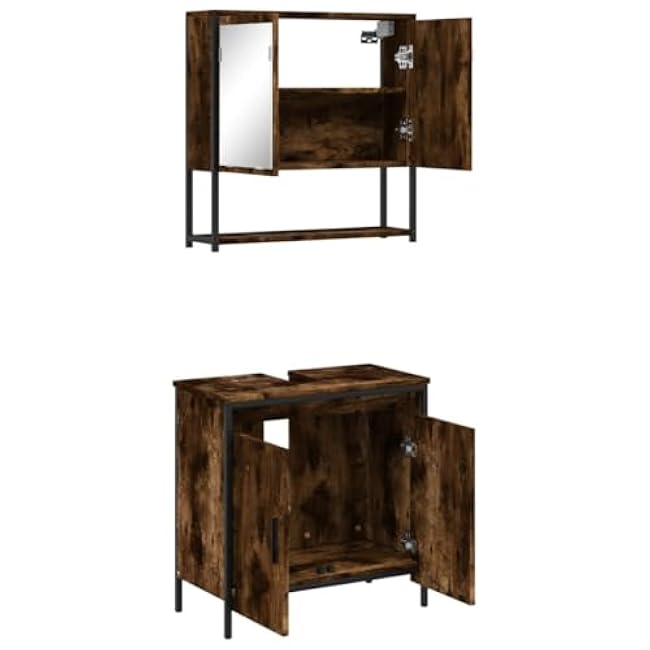 2 Piece Bathroom Furniture Set with Sink Cabinet & Mirror - Smoked Oak Engineered Wood Wall Mounted Storage for Small Space, Moisture Resistant, Modern Vanity Set with Spacious Storage