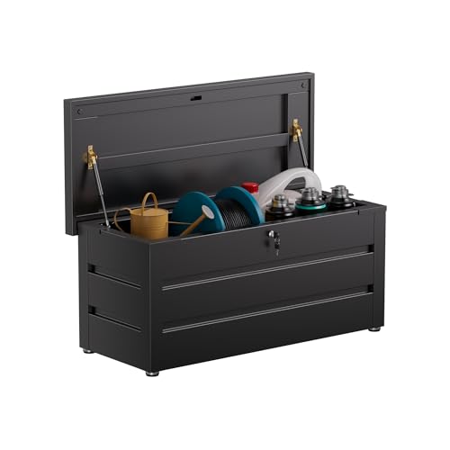 FlairVibe Gartenbox aus Metall in Schwarz 360L | Outdoor Kissenbox für den Garten mit Rostfeste Beschichtung | Outdoor Aufbewahrungsbox/Auflagenbox wasserdicht für Kissen - 120x52x60cm