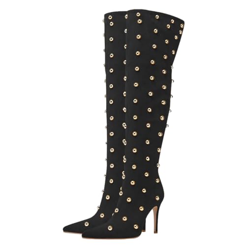 FSJ Women Studded Stiletto High Heel Over the Knee Boots Pointed Toe Side Zipper Thigh High Boot Long Fall Winter Sexy Stretch Suede Shoes Size 4-16 US2