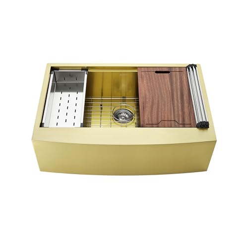 Image of Tourner 33 x 22 Stainless Steel, Single Basin, Farmhouse Kitchen Workstation Sink with Apron in Gold