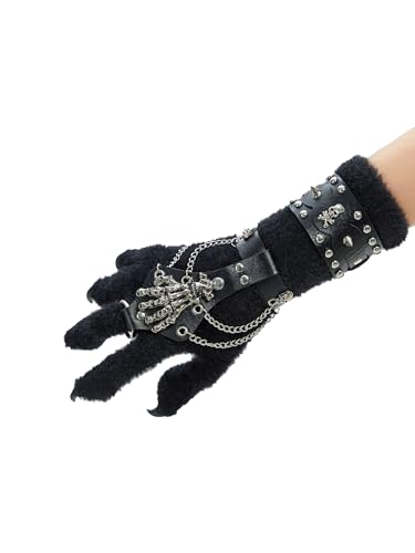 Micotaku Black Cat Knitted Paws with Faux Leather Halloween Rock Punk Wristband and Metal Skeleton Claw for Cosplay