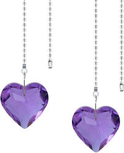 Image of 2Pcs Crystal Ceiling Fan Pull Chain Extender with Connector, 12 inch | K9 Crystal Glass, Not Acrylic, Heart Prism, Cut-To-Length Adjustable, Snap-On Connector For Fan, Light, Lamp (Purple)