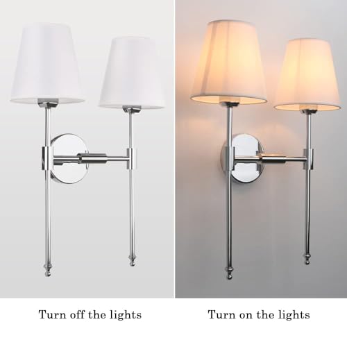 Image of PERMO Classic Double Sconce Chrome 2 Lights Wall Sconce Rustic Wall Mount Lighting Fixture with Flared White Textile Lamp Shade