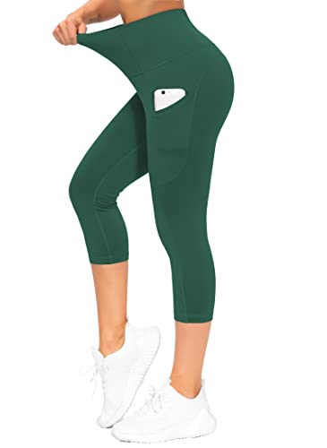 Image of THE GYM PEOPLE Thick High Waist Capris Yoga Pants with Pockets, Tummy Control Workout Running Yoga Leggings for Women