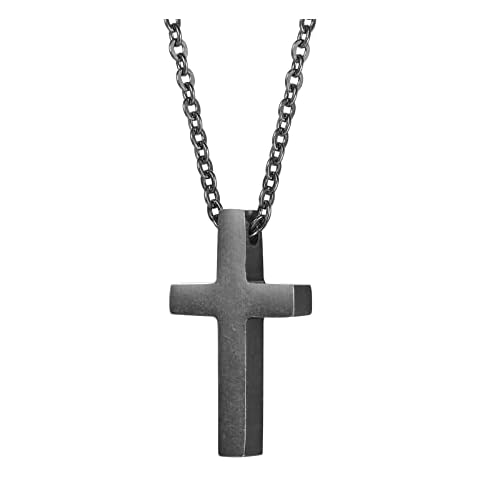 TempBeau Unisex Cross Necklace Stainless Steel Christian Cross Pendant Mini Size Retro Grey for Men and Women with 51cm Chain Jewelry Gift Cover