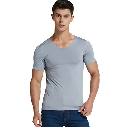 Men's V-Neck Undershirts Man Ice Silk Seamless Short Sleeves Basic Shirts Summer Sexy Fitness Body Building Underwear
