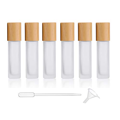 6 Pack Frosted Roller Bottles With Bamboo Lids,Glass Roll On Bottles Essential Oil Roller Bottles Perfume Aromatherapy Sample Bottles With Stainless Steel Balls