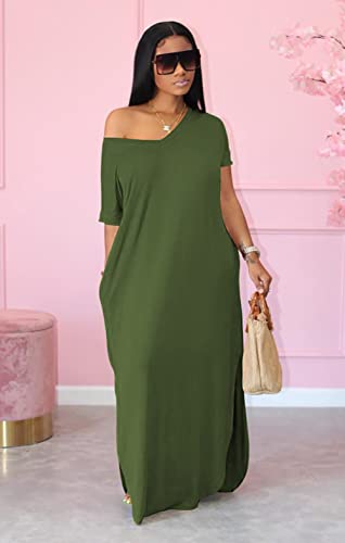 Image of Women Summer V Neck Loose Side Split Maxi Dresses with Pocket
