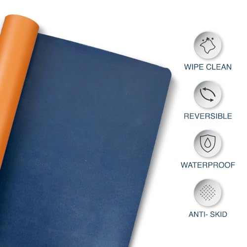 Image of Bellblock Large Extended Reversible Desk Mat /Mouse Pad /Gaming Pad for Office /Home| Vegan Leather | Anti-Skid, Slip-Resistant, Splash-Proof | Blue & Tan | 60x30cm