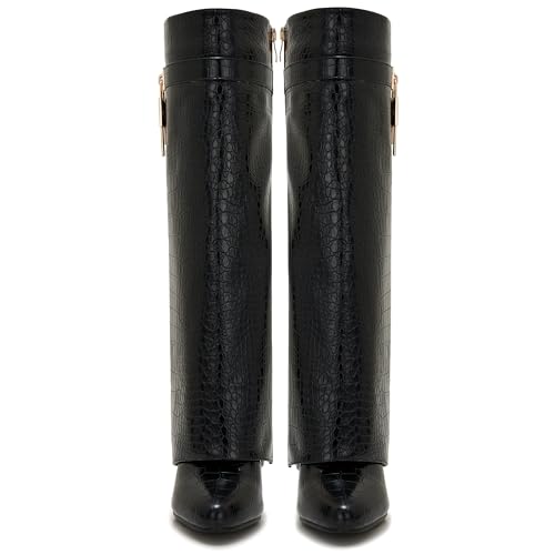 Image of Fold Over Boots for Women Pointy Pull-on Wedge Heel Knee Shark Boot With Side Zipper Padlock Design