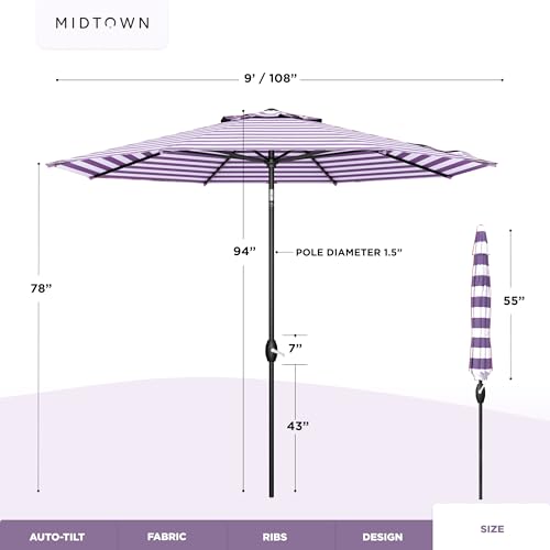 Image of Midtown Umbrellas - 10-Year-No-Fade 9 Ft Patio Umbrella with Terylast Fabric, Auto-Tilt Aluminum Frame and 8 Reinforced Ribs for Deck, Pool, Garden & Beach - Purple Stripe Canopy, Black Pole