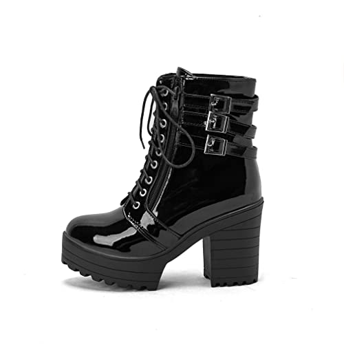 MFairy Womens Fashion Platform Chunky Heel Patent Leather Boots Buckled Ankle High Booties2