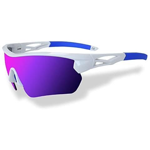 JOGVELO Cycling Glasses, Polarized Sports Sunglasses Men with 5 Interchangeable Lenes for Baseball Running Mtb Softball, Blue&White Cover