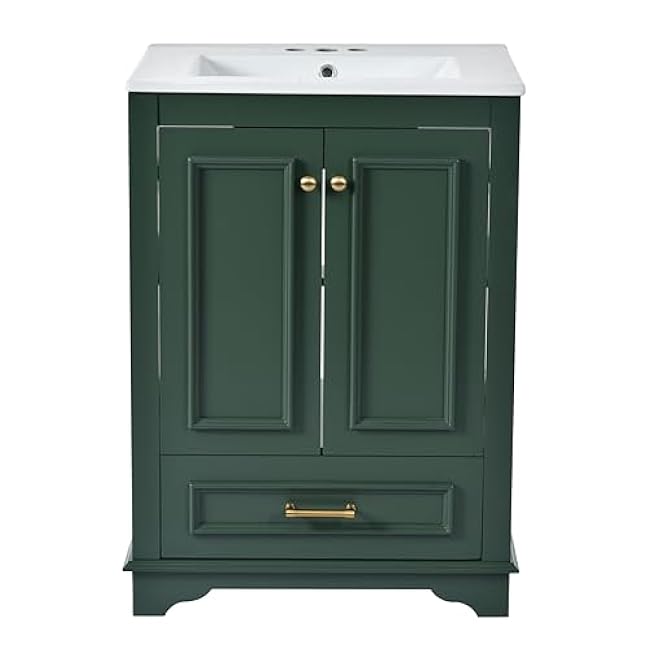 Maximize Storage with 24'' Bathroom Vanity and Ceramic Sink Combo, Modern Freestanding Cabinet with Adjustable Shelves and Soft Closing Doors, Green
