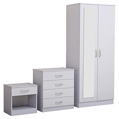PALAKLOT High Gloss Bedroom Furniture Sets for Bedroom Storage 2 Door Wardrobe with Mirror and 4 Drawer Chest and Bedside Cabinet (Wardrobe+Chest+Bedside) (White) Cover