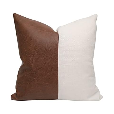 Hckot Thick White Linen Farmhouse Throw Pillow Covers 18x18 Inches Decorative Faux Leather Pillow Case Square Modern Sofa Couch Pillow Covers,White Cover