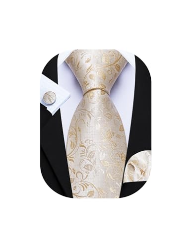 Image of Barry.Wang Men Tie Set Floral Paisley Silk Necktie Pocket Square Cufflinks Formal Wedding Party Business