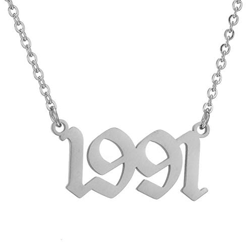 Birth Year Number Necklace, Old English Gold Pendant Necklace for Women and Girl Birthday Gift 18 inch Gold Chain Stainless Steel Friendship Jewelry,Silver 1991