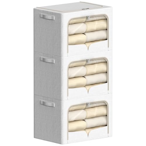 3 Pack Clothes Storage Bins - Foldable Metal Frame Storage Box - Stackable Linen Fabric Container Organizer Set with Carrying Handles and Clear Window (Cream White, 19.7x15.7x13inch(66L))